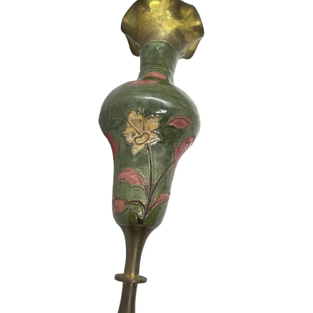 Brass Enamel Vase Footed Fluted Top Green Pink Cream Vintage MCM Retro Decor - Picture 9 of 16